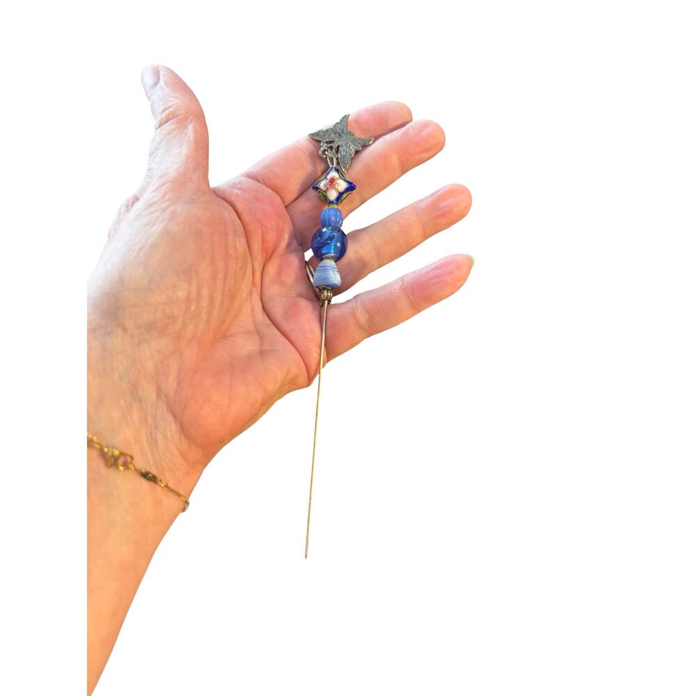 Artisan Vintage Assemblage Hat/Stick Pin Blue Glass Enamel Floral Pewter Top